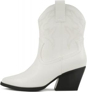 Soda «BLAZING» ~ Женские ботильоны Western с острым носком и низким каблуком (доступна широкая посадка), White Pu/Black
