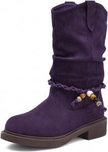 Женские ботинки средней длины с низким толстым каблуком, тянуться, с круглым носком, плетеным ремешком, вестерн-стиль, для зимних праздничных вечеринок, размеры 4-16 US Wo wagas, Purple