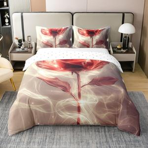 Erosebridal Хлопковый комплект постельного белья с романтичным принтом роз в стиле ватерколор, Red Beige