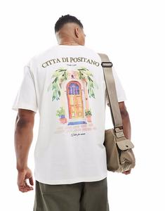 Футболка Jack & Jones oversize с принтом «позитано» на спине кремового цвета