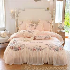 KYTGFH Комплект постельного белья принцесса из шифона и кружева с цветочной вышивкой Pink