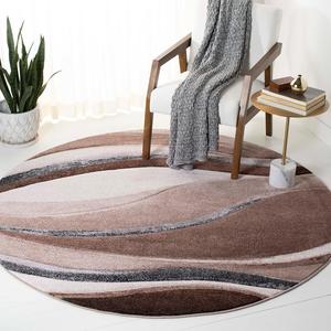 Ковер SAFAVIEH, 201 x 201 см, Hollywood Collection, круглый, коричневый и ivory, дизайн Mid-Century Modern Wave, без линьки и простой в уходе, идеален для помещений с высокой проходимостью в гостиной, спальне (HLW718P)