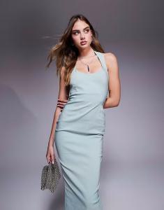 Платье-футляр мидакси Vesper bengaline с круглым вырезом и халтернеем в цвете шалфей