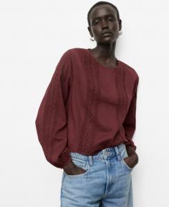 Женская вышитая блузка с пышными рукавами MANGO, Burgundy