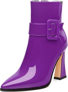 Женские ботильоны, высокие ботильоны на каблуке, ботильоны с заостренным носком, короткие модные ботинки с боковой молнией и пряжкой для женщин GUAVAIVY, Purple Patent