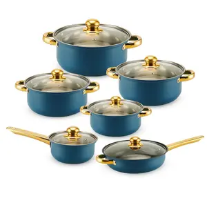 Набор посуды из 12 предметов | Набор кастрюль | Кастрюли и сковородки | Кастрюли со стеклянными крышками | Подходит для индукционных плит | Синий с золотом, нержавеющая сталь | Retoo