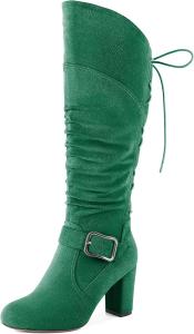 Женские сандалии Zamikoo, свободные ботильоны до колена с круглым носком, массивным каблуком, боковой молнией и металлической пряжкой, высокие повседневные сапоги на каблуке 3,5 дюйма, Suede Green