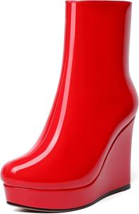 Женские лаковые ботильоны AMBELIGHT с молнией, на платформе, однотонные, с круглым носком, на клиновидном каблуке, средняя голень, 4 дюйма, Red