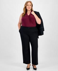 Блейзер из эластичного крепа большого размера на одну пуговицу, топ без рукавов с воротником-хомутом и принтом и брюки в современном стиле Kasper, Black