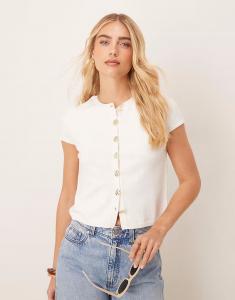 ASOS DESIGN трикотажный структурированный кардиган с рукавами-крылышками и золотыми пуговицами кремового цвета