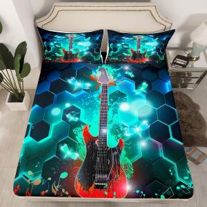 Erosebridal Комплект постельного белья с принтом электрогитары в современном шестиугольном медовом узоре, Multi 17