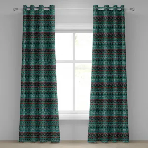 Шторы на люверсах ABAKUHAUS Tribal, нарисованные вручную в этническом ацтекском стиле - геометрический узор с острыми формами и полосками, декоративные двухпанельные шторы, 280 x 260 см, цвет: красно-синий, бирюзовый