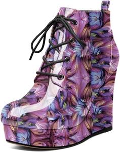 Younton Ботильоны на танкетке с круглым носком для женщин, платформенные, шнуровка, каблук 4 дюйма, теплые ботинки для вечеринок и вечерних мероприятий