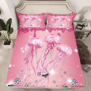 Erosebridal Комплект постельного белья Jellyfish с блестками и морскими животными в розовом цвете, Pink White Sliver