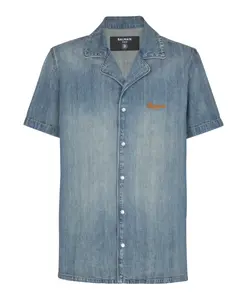 Пижамная рубашка с короткими рукавами из выцветшего денима. Balmain, синий