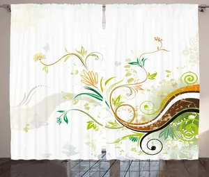 Штора для спальни ABAKUHAUS с деревенским цветочным рисунком, листьями плюща, с присборенной лентой, петлями и крючками, 280 x 175 см, цвет: земляной желтый, бордовый Abakuhaus