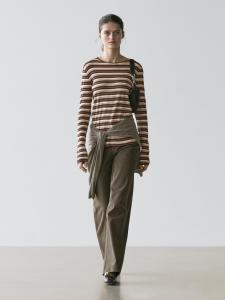 Футболка с длинным рукавом в полоску из хлопковой смеси Massimo Dutti, brown