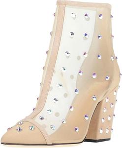 Женские ботильоны YDN с молнией, заклепками и кристаллами, с массивным каблуком, закрытым заостренным носком и сеткой, офисные и праздничные туфли, размеры 4-16 US, Nude
