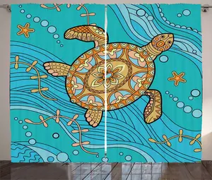 Штора в деревенском стиле Черепаха от ABAKUHAUS, художественный рисунок с водными каракулями, присборенная штора для спальни с петлями и крючками, 280 x 225 см, бирюзовый цвет Abakuhaus