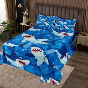 Erosebridal Комплект постельного белья Shark с мультяшными акулами в морском стиле, водная акварель, Red Blue