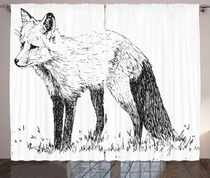 Штора ABAKUHAUS Деревенская лиса, эскизный рисунок на траве, штора для спальни со сборками, петлями и крючками, 280 x 225 см, цвет: антрацит, серый, белый Abakuhaus