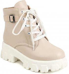 Женские ботильоны VOKLIN с круглым носком в западном стиле, на шнуровке и пряжке, с платформой, средним каблуком, короткие нарядные ботинки, Beige Apricot