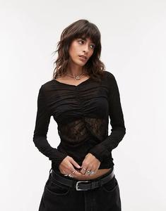 Топ с длинными рукавами из жатого кружева черного цвета Topshop