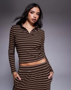 Лонгслив-поло Wanderdoll Frankie из плотного джерси премиум-класса с воротником и длинными рукавами в коричневую полоску