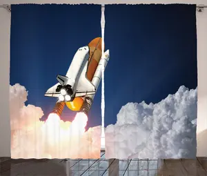 Штора ABAKUHAUS Space Rustic, взрыв ракетного лифта, универсальная ленточная штора для гостиной с петлями и крючками, 280 x 175 см, белый, синий, оранжевый Abakuhaus