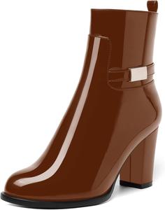 Женские ботинки AMBELIGHT с молнией из лакированной кожи, повседневные, с круглым носком, на массивном высоком каблуке, до щиколотки, 8,4 см, Brown