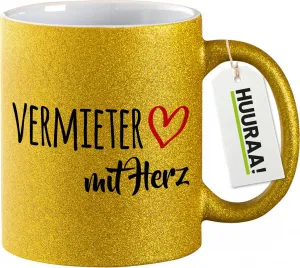 Кружка для кофе Huuraa Glitter с сердечком, 330 мл, золотая, идея подарка для владельца дома Hellweg Druckerei