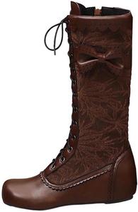 Женские винтажные ботфорты на шнуровке с бантиком сбоку, высокая обувь до колена, удобные плоские ботинки до середины голени, боевые ботинки Generic, Brown