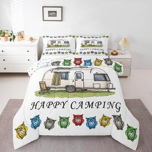 Erosebridal Комплект постельного белья для детей Camper Theme с принтом лагеря и радужных сов, Green White