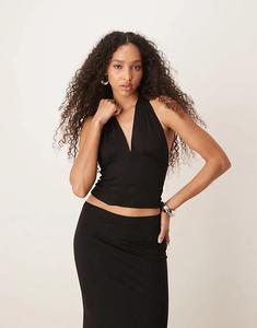 Облегающий топ Gina Tricot co-ord из мягкого джерси с глубоким вырезом и халтером, черного цвета