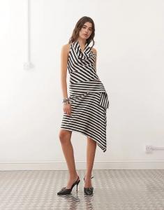 Юбка миди Lioness Allure с асимметричным отворотом и драпировкой в ​​черно-кремовую полоску