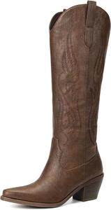 Женские сапоги Pasuot Western Cowboy - высокие сапоги для ковбоя с широкой голенью, на пуговицах, с заостренным носком и массивным каблуком, модные ретро классические высокие сапоги для вечеринок и концертов, Bronze