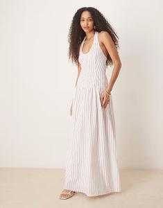 Гламурное платье макси с заниженной талией и вырезом халтер в полоску белого и красного цвета Glamorous