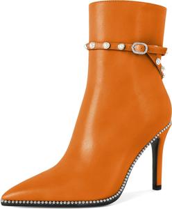 Женские ботильоны SAMMITOP, короткие сапожки с заостренным носком, стойка-кубита на высоком каблуке, модные туфли с бусинами, жемчужной пряжкой, для платья, каблук 4 дюйма