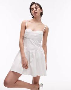 Мини-платье SNDYS из поплина с драпировкой и сетчатым бюстом, вырезом в форме сердечка, белое