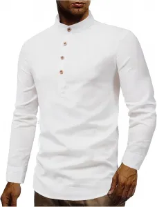 Мужская хлопковая льняная рубашка хенли с отложным воротником и длинными рукавами