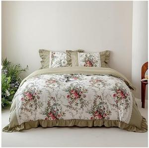 Generic Комплект постельного белья бархатный из парчи в стиле шик с винтажными цветочными принтами и рюшами, 100% хлопок Green