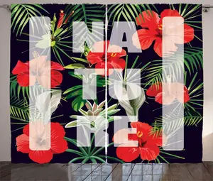 Штора ABAKUHAUS Джунгли в деревенском стиле, экзотический аромат гибискуса, присборенная штора для спальни с петлями и крючками, 280 x 225 см, цвет индиго-вермилион Abakuhaus