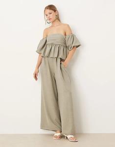 Комбинезон ASOS DESIGN Bardot с экстремально пышными рукавами-буфами цвета хаки