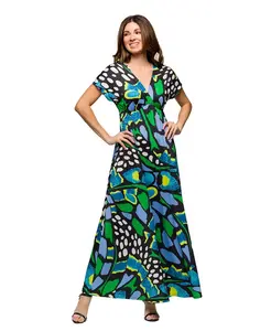 Женское макси-платье с V-образным вырезом, завышенной талией и короткими рукавами 24seven Comfort Apparel, мультиколор