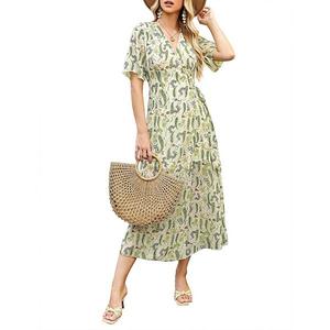 Женское платье с v-образным вырезом, узорчатой тканью, шнуровкой на талии и разрезом Seoria, Green