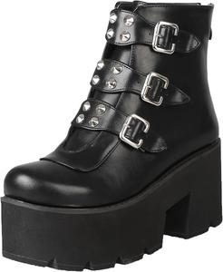 Женские ботильоны на высоком каблуке с заклепками, толстая платформа, круглый носок, панк-стиль, пряжка, заклепки, боевые ботинки, массивные сапоги до середины икры с молнией SHEOMSIE, Black