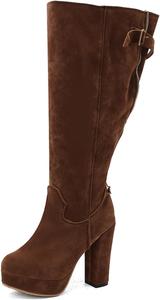 Женские высокие ботфорты на массивном каблуке Aflngle, модные замшевые, с платформой, задней молнией, удобные, легко надеваются, широкий голенище, круглый носок, длинные сапожки, Brown