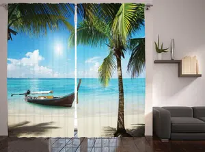 Штора ABAKUHAUS "Рыбалка в деревенском стиле", "Маленькая лодка, Солнечный океан", для спальни, присборенная тесьма с петлями и крючками, 280 x 175 см, цвет "Аквамарин, кокос" Abakuhaus