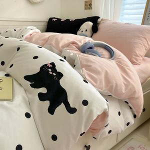 Disney Комплект постельного белья с простыней на резинке, 200x230 см, полотенцевая вышивка, полоска, кот