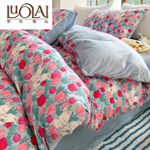 LUOLAI HOME Комплект постельного белья, 4 предмета, простыня на резинке 150х200 см, для матраса 200х230 см, хлопковый вельвет, версия A: 100% хлопок, версия B: молочный вельвет